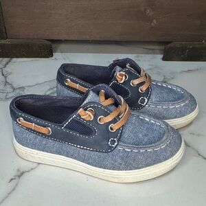 4/$15 The Children’s Place Navy and Denim Kids Boat Shoes Tan Leather Laces